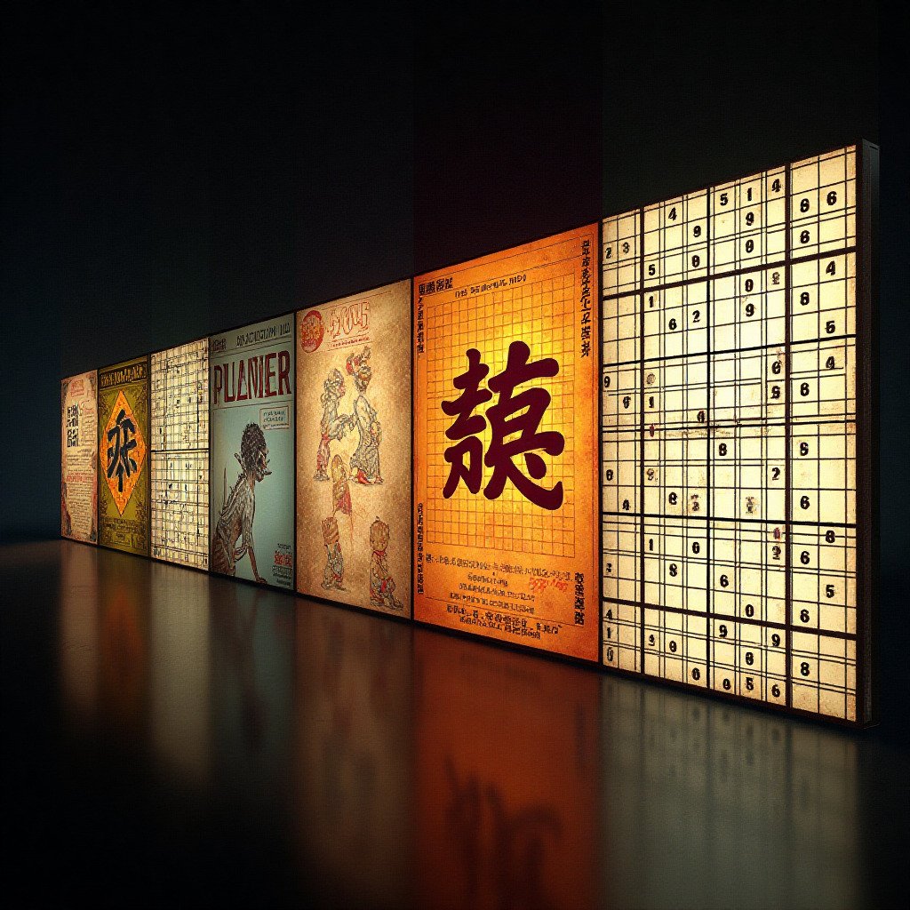 Visually engaging digital art montage showing the evolution of Sudoku: starting with faint elements of ancient magic squares or Euler's Latin Squares, transitioning to a retro 1970s American puzzle magazine page featuring 'Number Place,' then a stylized Japanese kanji for 'Sudoku' or a Japanese puzzle magazine, culminating in a modern, glowing Sudoku grid. For a blog about puzzle history.