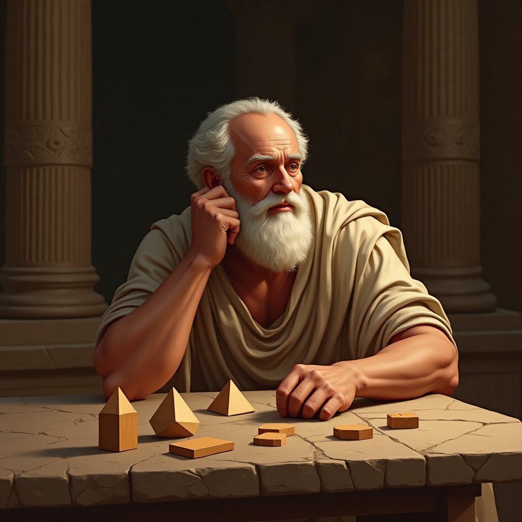 Digital painting of the ancient Greek mathematician Archimedes, looking thoughtful, with the geometric pieces of the Stomachion puzzle arrayed before him on a stone table. An ancient Greek setting in the background. Evokes intellect and history. Warm, classical lighting.
