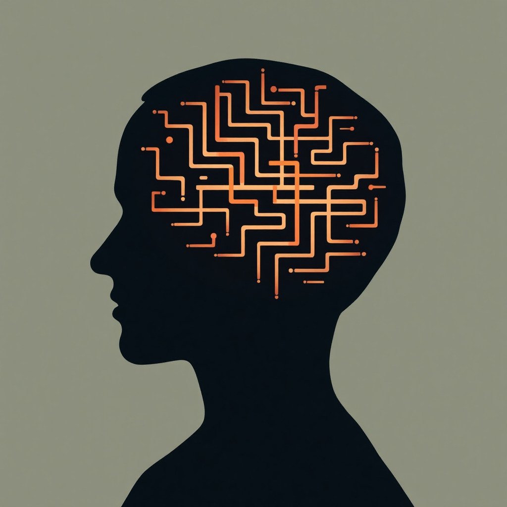 Conceptual digital art of a stylized human head in silhouette, with a complex, confusing maze inside instead of a brain. One path is lit up brightly, representing a false solution, while a dimmer, correct path is hidden. Evokes the feeling of being mentally stuck or following the wrong path. Modern, minimalist style with a limited color palette.