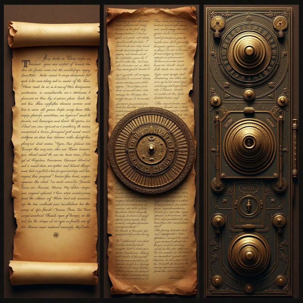 A visually rich digital collage depicting the history of cryptography. On the left, an ancient Roman scroll with a Caesar cipher. In the center, a Renaissance-era cipher disk. On the right, a detailed Enigma machine from WWII. The elements blend together seamlessly. Sepia tones and a mysterious, scholarly atmosphere. For a history and puzzles blog.