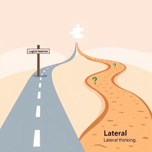 Abstract illustration showing two distinct pathways. One is a straight, paved road with clear signposts, labeled 'Logical Deduction.' The other is a winding, exploratory dirt path with unexpected turns and question marks, labeled 'Lateral Thinking.' Both lead towards a distant, glowing puzzle piece or solution symbol. Modern, clean graphic style.