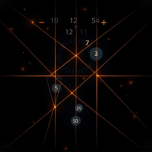 Conceptual art: intersecting beams of light or paths forming a grid, reminiscent of a Kakuro puzzle structure. Numbers subtly appear at the intersections or along the beams. Theme of connections and sums. Dark, intriguing background with glowing elements.