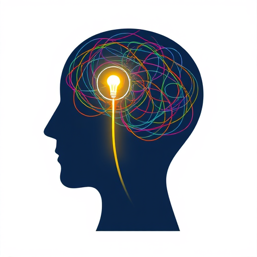 Conceptual digital art: A stylized human head in profile. Inside, a tangled, knotted pathway of lines representing confused thoughts, with one clear, glowing line emerging and finding a straight path to an exit or a solution symbol (like a lightbulb or puzzle piece). Colors should contrast the tangled (darker, muted) with the clear path (brighter, vibrant). Evokes overcoming mental blocks. Modern illustration."