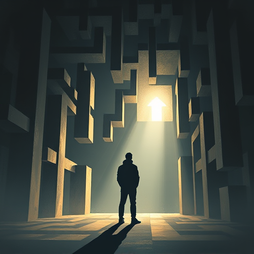 A figure standing at the entrance of a complex, shadowy mental maze representing cognitive biases. A bright, helpful arrow or a guiding light indicates a clever shortcut or the correct path through. Emphasizes finding a smarter way. Digital painting, thoughtful mood.