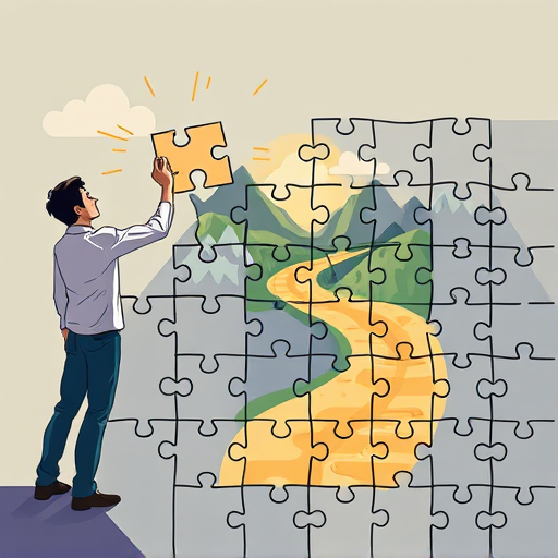 9-1 Symbolic illustration: A person successfully placing the final piece into a complex jigsaw puzzle. The completed puzzle image subtly transforms into a scene representing a real-life achievement or success (e.g., a successfully navigated path, a completed project diagram). The concept is 'puzzle skills build real-world success.' Uplifting and metaphorical.