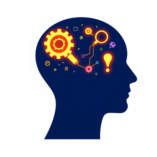 9 A human head silhouette in profile. Inside the head, instead of just a brain, there are clearly visible, small, glowing icons representing various problem-solving skills: a gear, a magnifying glass, a connected network, a question mark turning into an exclamation point. Subtle puzzle patterns in the background. Modern infographic style.
