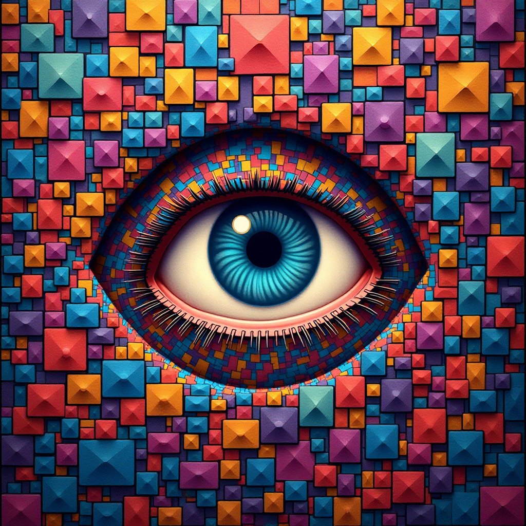 Vibrant and abstract digital art representing visual logic. A captivating mosaic of geometric shapes like squares, circles, and triangles, with some forming clear sequences and patterns. A stylized human eye is subtly integrated into the center, looking at the patterns. The overall feeling is one of discovery and intellectual challenge. Colorful but harmonious palette."