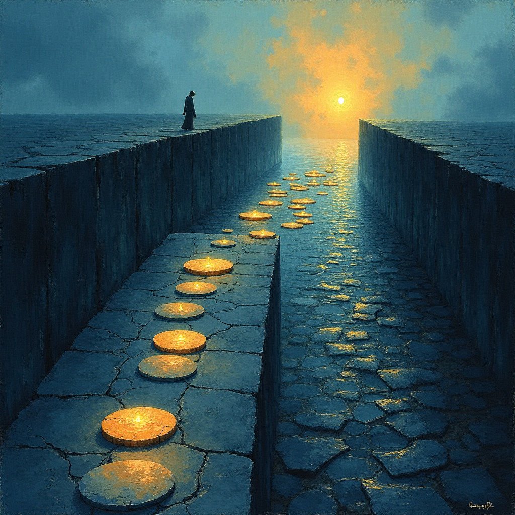 Abstract art representing two pathways. One is a series of well-laid, glowing stepping stones leading clearly across a gap to a destination, labeled 'Good Puzzle'. The other is a jumble of mismatched, broken, and confusingly arranged stones leading nowhere, labeled 'Frustrating Puzzle'. The mood on the good path is one of clarity and progress; the mood on the frustrating path is one of confusion.