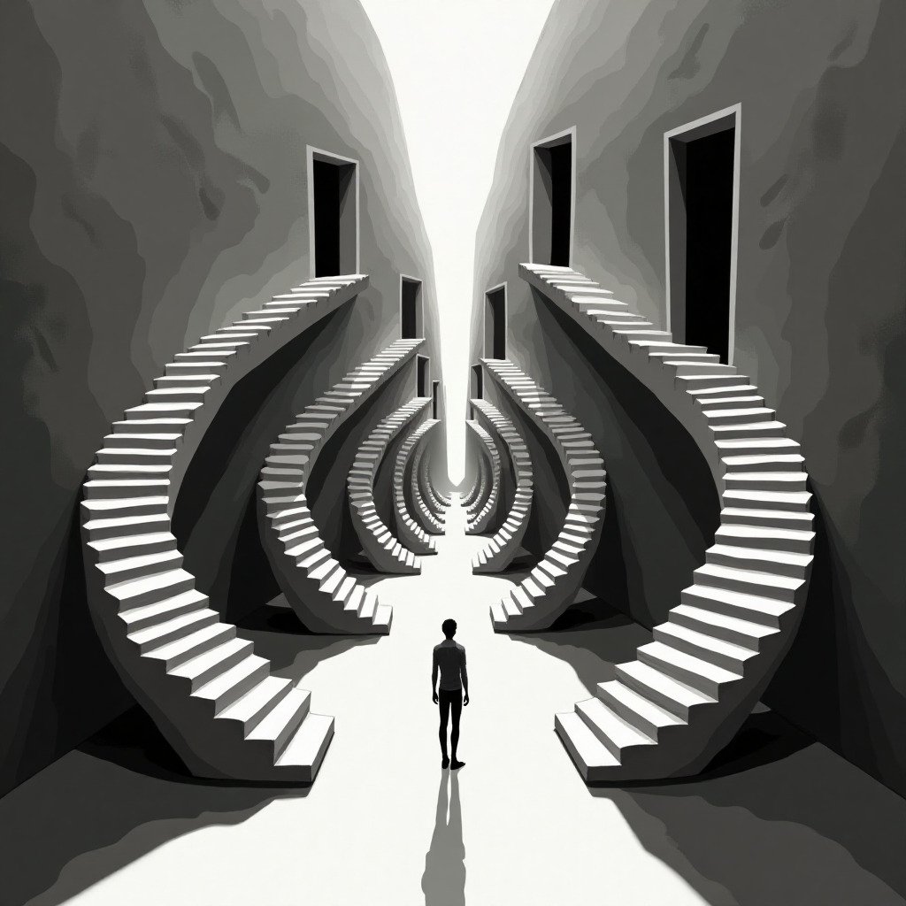 Conceptual digital art in the style of M.C. Escher, featuring impossible architecture like a staircase that loops back onto itself or doorways that lead to upside-down rooms. A single, silhouetted figure stands looking confused. Represents a logical paradox. Monochromatic or with a limited, striking color palette.