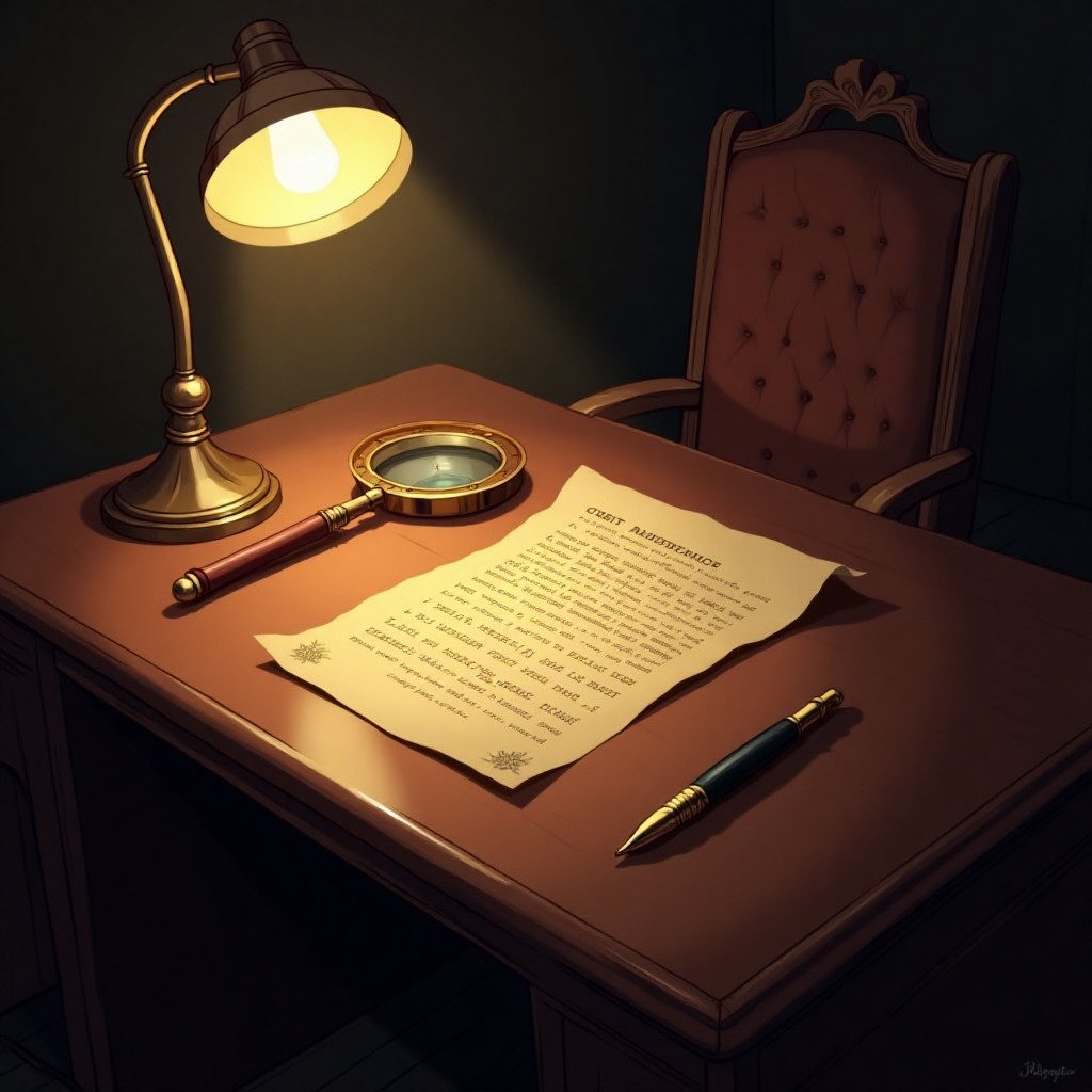 Digital illustration of a vintage desk from a spy's office. On the desk is an old piece of parchment with a cryptogram written on it, a magnifying glass, a cipher wheel, and an old-fashioned pen. Soft, warm, lamp-light atmosphere. Evokes mystery and classic espionage.