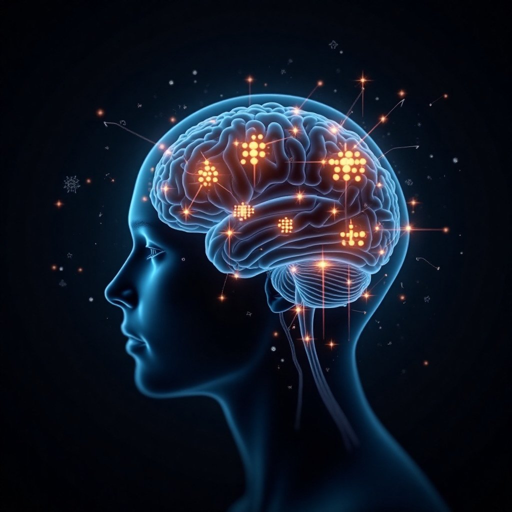 Abstract digital art showing a vibrant, healthy neural network with glowing synapses. Interspersed within the network are recognizable puzzle shapes like sudoku grids, crossword squares, and sequence number patterns. Conveys the idea of puzzles stimulating brain activity. Widescreen, cinematic feel.