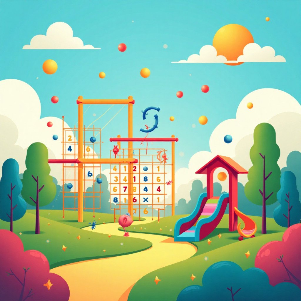 Conceptual digital art showing a vibrant, playful landscape where mathematical symbols are part of a playground. A Sudoku grid acts as a climbing frame, numbers are like bouncy balls, and a Fibonacci spiral is a colorful slide. The overall feeling is joyful, creative, and engaging. Bright, cheerful color palette. For a blog about recreational mathematics