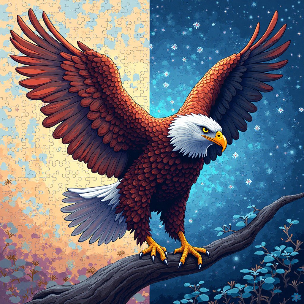 Dynamic digital art showing a Nonogram (or Picross) puzzle grid transforming into a beautiful, detailed pixel art image. Half of the image is the logical grid with numbers and squares, which seamlessly transitions into the other half showing the revealed colorful pixel art, perhaps a majestic eagle or a landscape. Evokes a sense of creation and logical breakthrough. Bright, engaging colors. For a blog about puzzles.