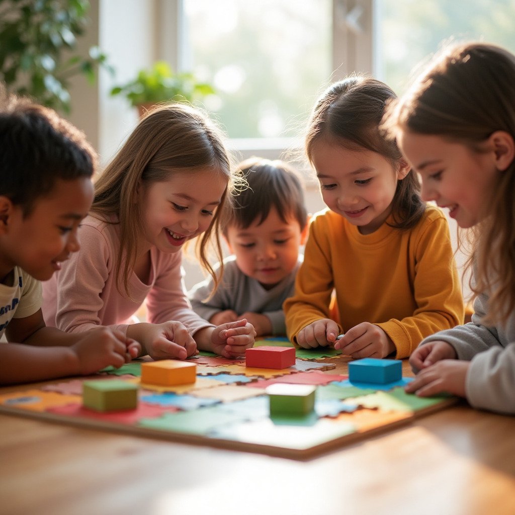 A warm, brightly-lit photo of a diverse group of young elementary-age children happily gathered around a wooden table, working together on a colorful floor puzzle or with geometric block puzzles. Focus on expressions of curiosity and gentle concentration. Soft, natural lighting. A sense of collaborative fun and learning through play.