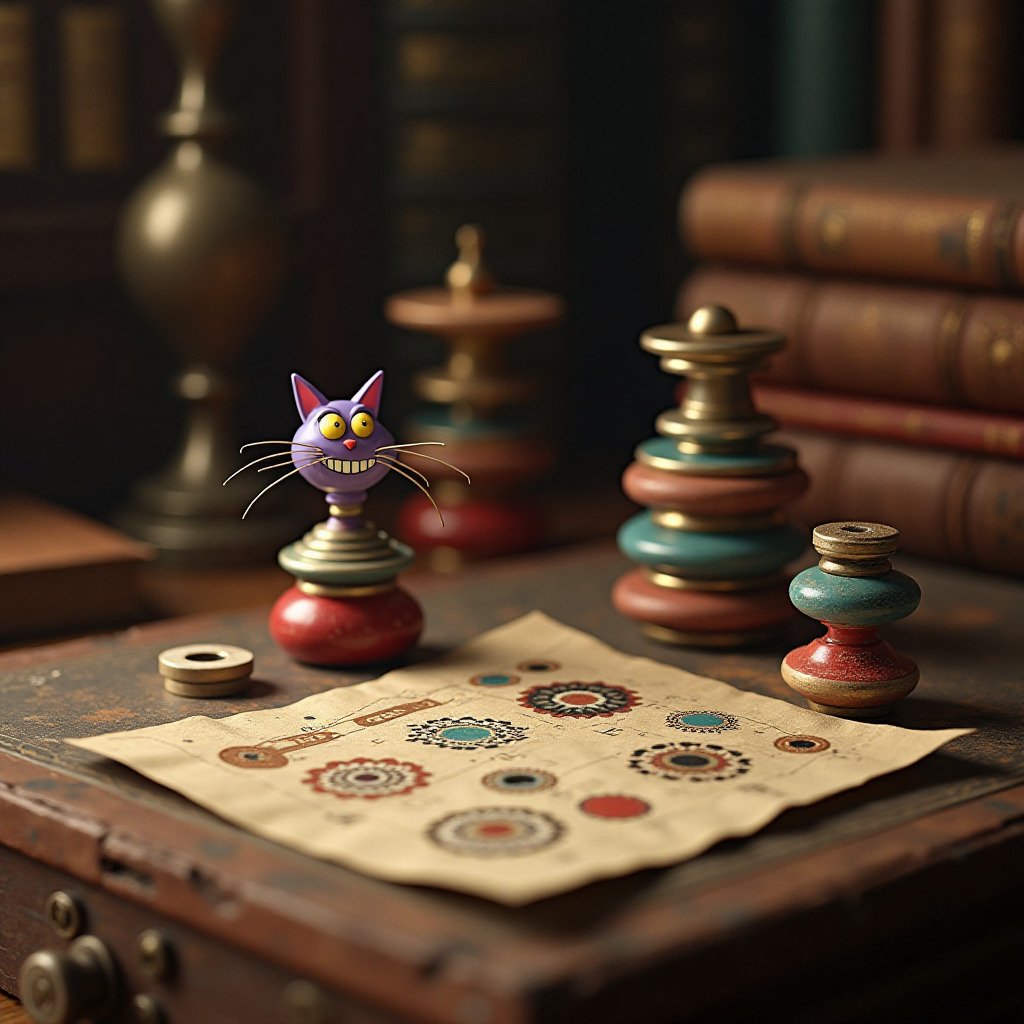 A beautifully composed digital artwork depicting elements representing famous mathematical puzzles. A Cheshire Cat smile hinting at Lewis Carroll, a few Tower of Hanoi disks stacked neatly, and pixelated 'glider' patterns from Conway's Game of Life. The items are arranged on a vintage wooden desk with dusty books and old parchment. Evokes a sense of historical genius and playful intelligence. Warm, studious lighting, slightly fantastical. For a blog about mathematicians and games.