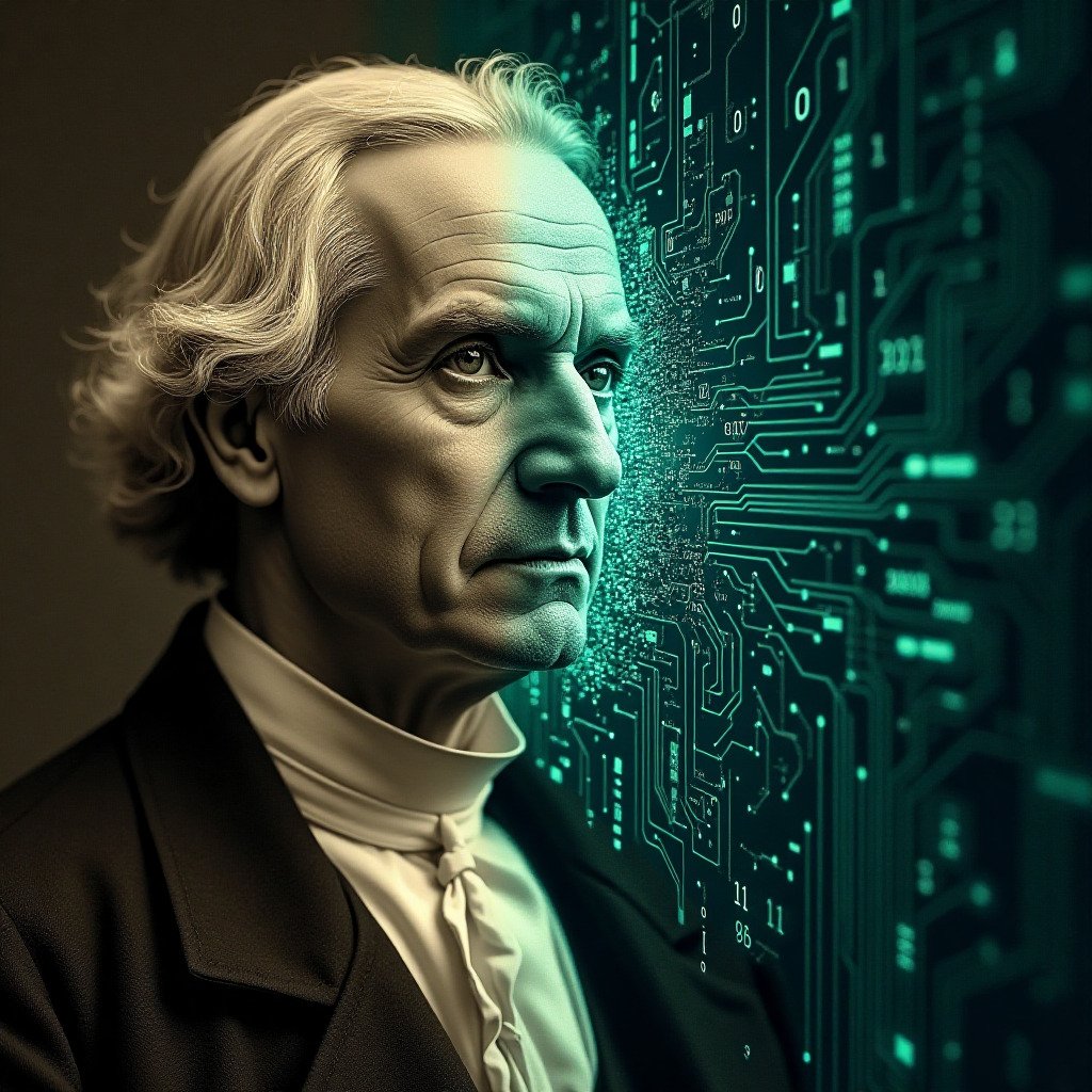 Conceptual digital art blending a vintage, 19th-century portrait of a thoughtful man resembling George Boole with modern, glowing digital circuit board patterns (PCB traces) and binary code (0s and 1s). The two styles should merge seamlessly, showing the transition from old-world thought to new-world technology. Sepia tones on the historical side, vibrant blues and greens on the digital side. For a blog about computer science history