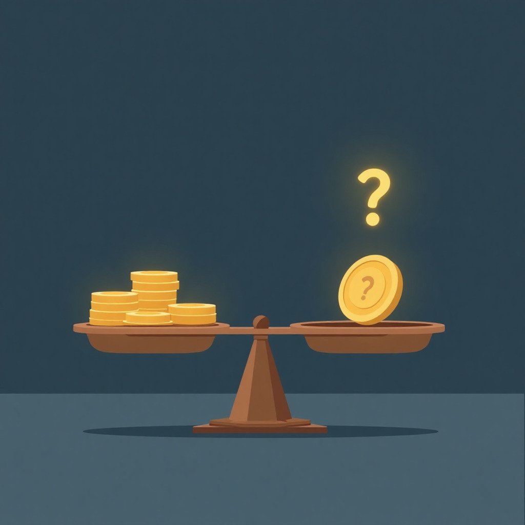 A clean, modern digital illustration of a classic two-pan balance scale. On one pan, there are several identical gold coins. A single, identical gold coin with a subtle glowing question mark above it sits on the other pan. The scale is slightly tipped. Minimalist style with a dark blue or grey background. For a blog about logic puzzles.