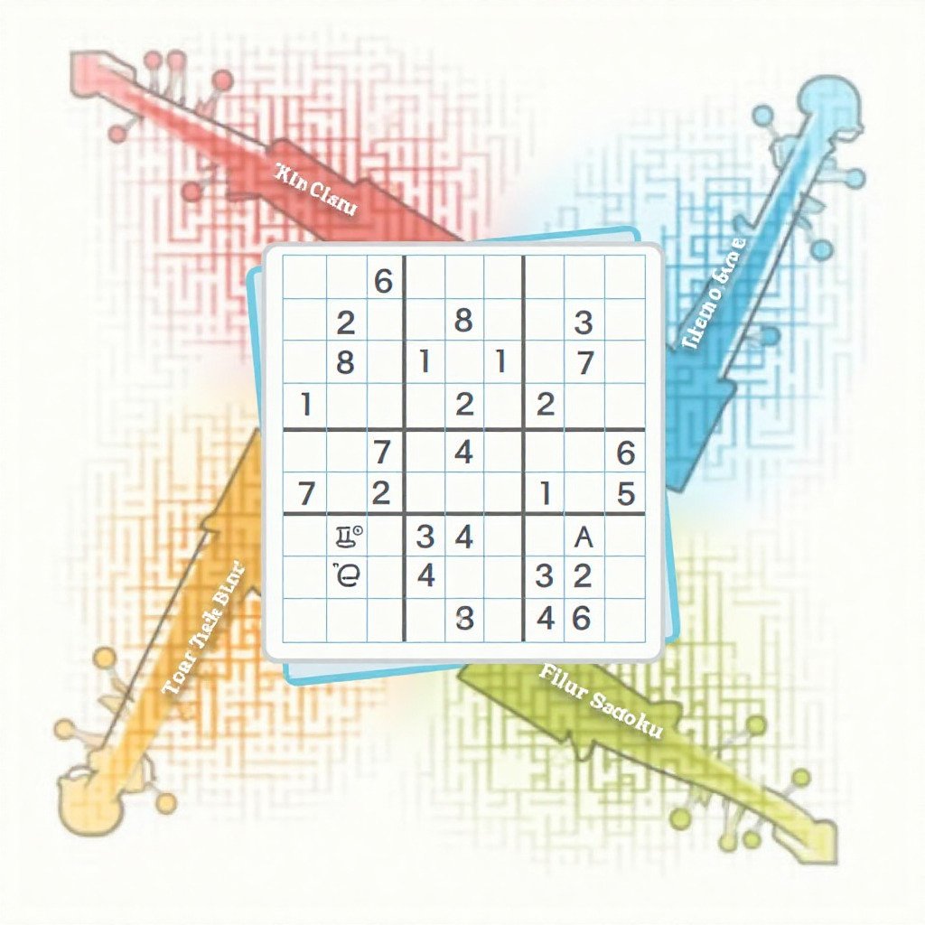 A visually dynamic collage of different puzzle styles. In the center, a classic Sudoku grid. Radiating from it are stylized representations of other variants: a section with 'Killer Sudoku' cages, a piece of a 'Jigsaw Sudoku' grid, and a 'Thermo-Sudoku' thermometer shape. Clean, graphic design style, vibrant colors. For a blog post explaining different types of Sudoku.