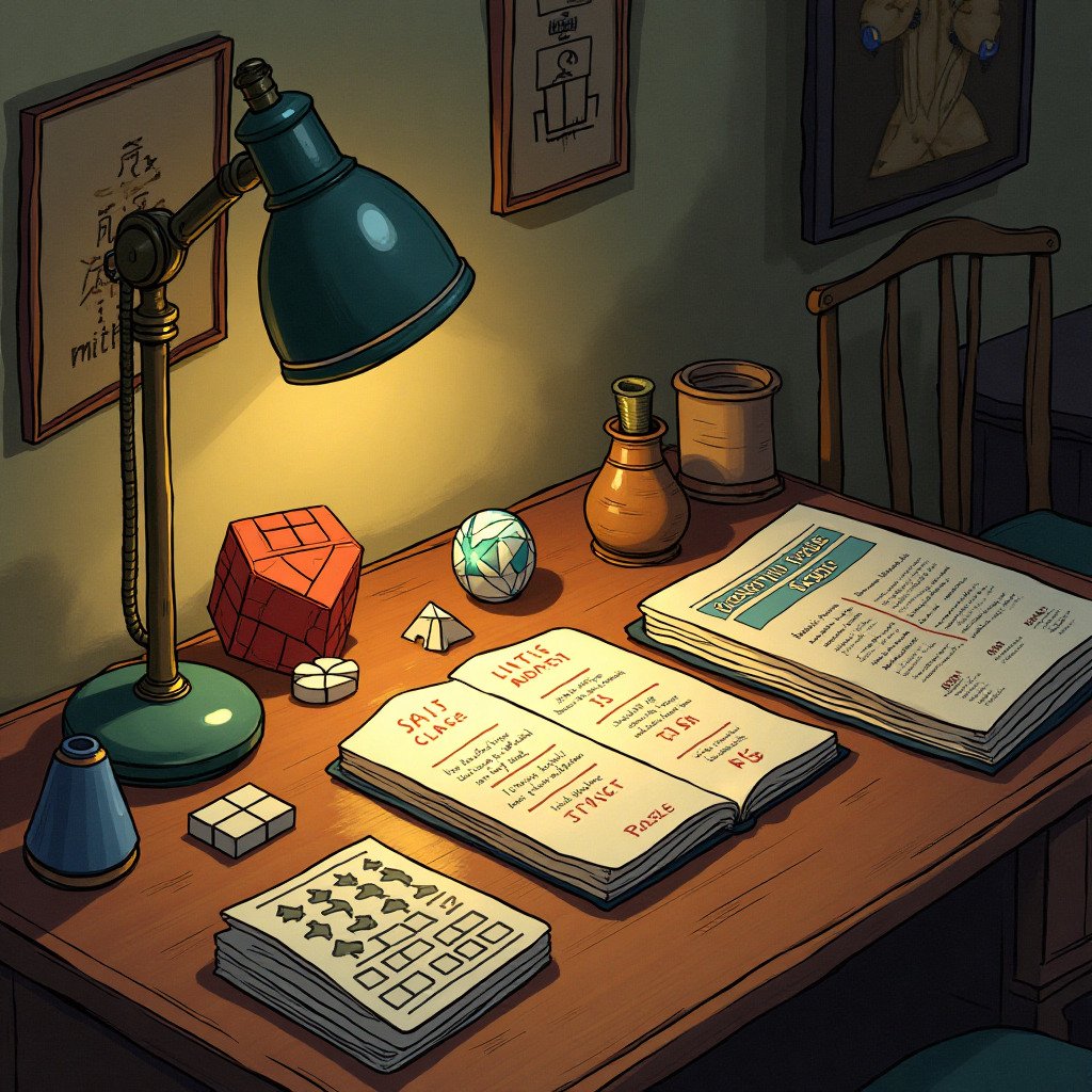 A whimsical and slightly vintage illustration of a cozy study. On a wooden desk sits a variety of intriguing objects: a hexaflexagon, polyomino puzzle pieces, playing cards arranged in a mathematical sequence, and a copy of a magazine labeled 'Scientific Puzzles'. A warm light emanates from a desk lamp, suggesting curiosity and discovery. No people. For a blog about Martin Gardner.