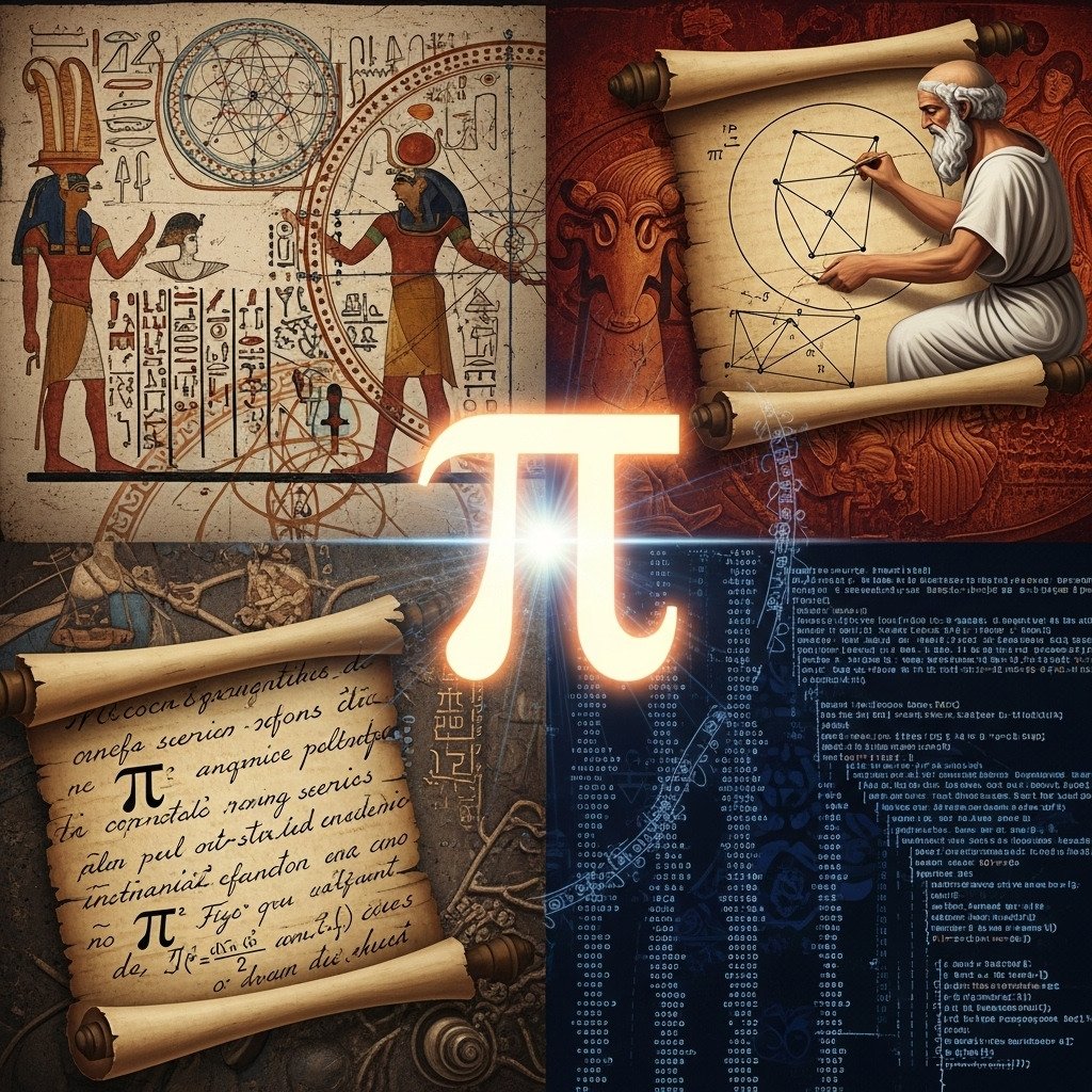 A captivating digital collage celebrating the history of Pi. A large, glowing Greek letter 'π' is at the center. Around it, blend elements from different eras: Egyptian hieroglyphs with circles, a Greek mathematician like Archimedes drawing polygons, Renaissance-era infinite series formulas on a scroll, and finally flowing into modern computer code with binary digits. Evokes a sense of a long historical journey. Rich, historical color palette with sepia and blue tones.