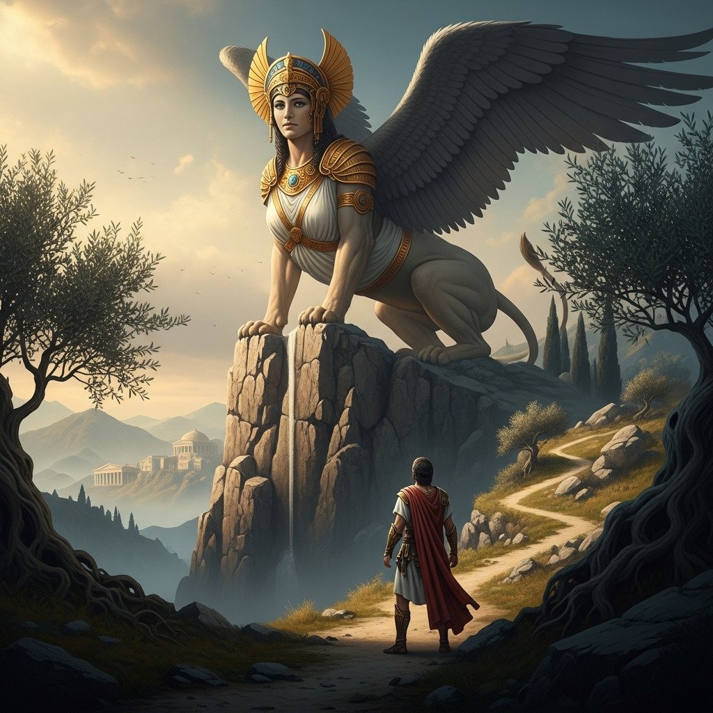 Epic digital painting of the Greek hero Oedipus confronting the mythical Sphinx. The Sphinx, with the head of a woman and the body of a winged lion, is perched on a high, rocky cliff overlooking a path. Oedipus stands below, looking up thoughtfully. Dramatic lighting, ancient Greek setting. Fantasy art style, high detail.