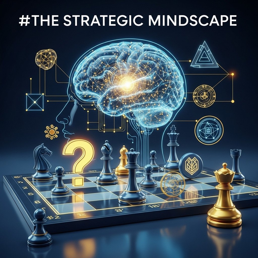 Conceptual digital art of a transparent, glowing chess board overlaid on a stylized human brain. Some pieces are standard chess pieces, while others are abstract symbols like question marks and lightbulbs. Represents strategic thinking and game theory. Sophisticated, modern, with a blue and gold color palette.