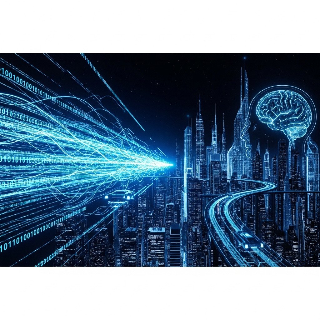 Conceptual digital art illustrating streams of glowing binary code (0s and 1s) flowing and transforming into a complex, intricate structure like a human brain or a detailed city skyline. The image should convey the idea of simple code building a complex world. Futuristic, neon glow aesthetic on a dark background. Widescreen