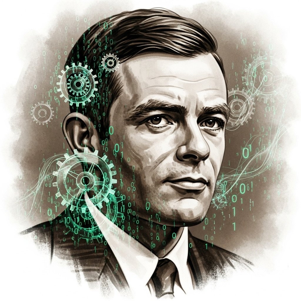 Stylized digital painting of Alan Turing. A thoughtful portrait of the mathematician, with his mind and the background filled with ghostly overlays of Enigma machine rotors, binary code (0s and 1s), and flowing cryptographic symbols. The mood is intellectual, historic, and slightly melancholic. Sepia tones with highlights of electric blue or green. For a historical blog post.