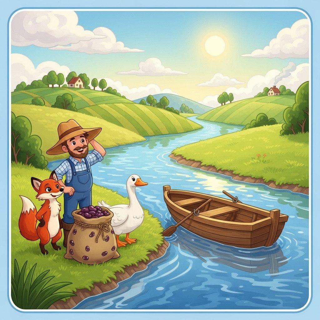 Charming storybook illustration of a river crossing puzzle. On one riverbank, a cartoon farmer stands next to a fox, a goose, and a bag of beans. A small wooden rowboat is in the water. The art style is whimsical and friendly. Peaceful landscape with a river flowing through it.