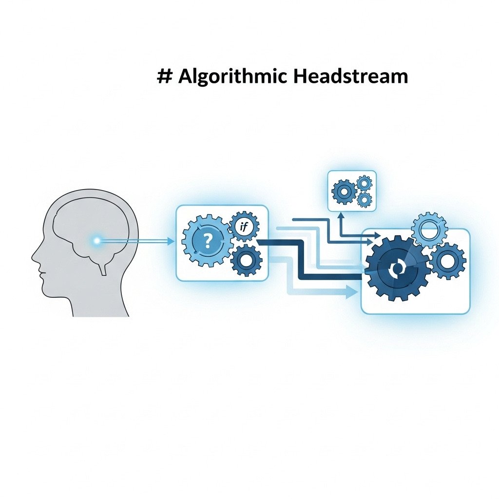 Conceptual digital art showing a stylized human head in profile, with a clean, logical flowchart or sequence of connected gears emerging from it and solving a simple abstract puzzle. The mood is about clarity, order, and structure. Modern and minimalist illustration style. Colors evoking intelligence (blues, greys, with a single bright accent color). For a blog about algorithmic thinking.