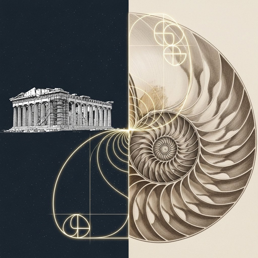 Conceptual digital art, a luminous golden ratio spiral (phi symbol) elegantly overlayed on a composite image. One half of the background features the Parthenon in Athens in an architectural blueprint style, the other half features a detailed cross-section of a nautilus shell in a natural history illustration style. The spiral perfectly connects both halves, evoking a sense of universal design and hidden mathematical beauty. For a blog about math in art and nature.