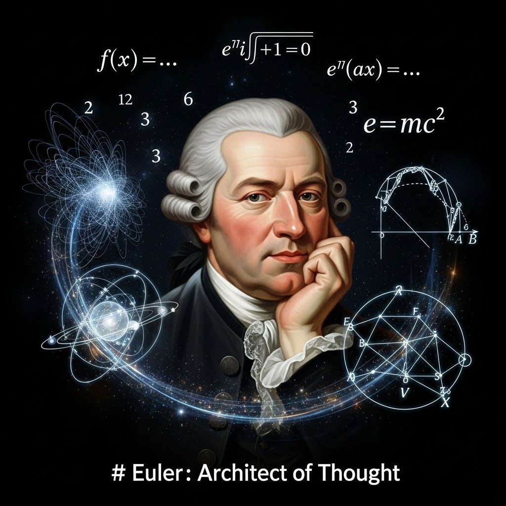 Conceptual portrait of the 18th-century mathematician Leonhard Euler. He is depicted in a thoughtful pose, surrounded by a swirling, ethereal collage of his groundbreaking contributions: the diagram of the Seven Bridges of Königsberg, elegant mathematical formulas like f(x) and e=mc^2 (Note: AI may mix formulas, be ready to correct), prime numbers, and celestial orbits. The style should be a blend of a classical oil painting and luminous digital art, creating a timeless and intellectual feel. Dramatic, scholarly lighting from one side. For a blog about the history of mathematics and puzzles.