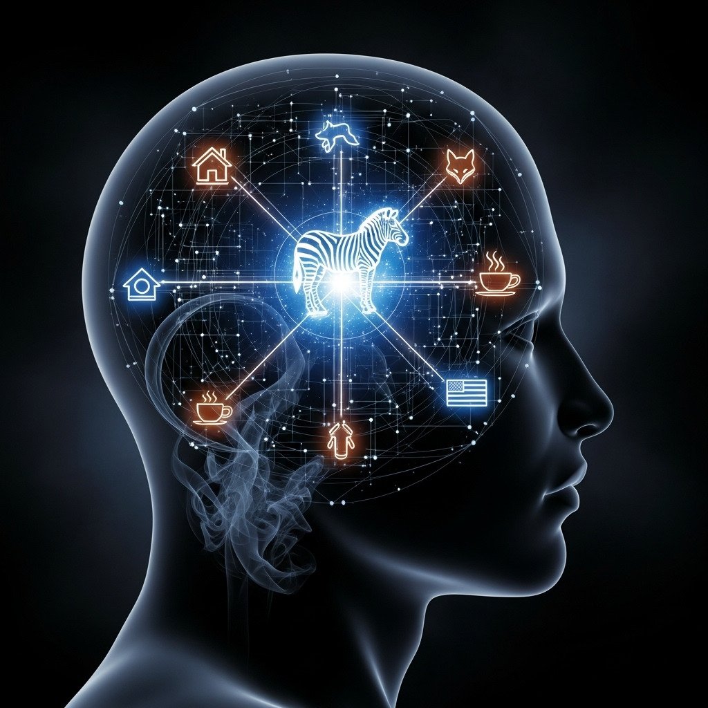 Conceptual digital art of a transparent human head silhouette, inside of which is an intricate, glowing grid connecting various icons: a house, a pet (dog/fox), a drink (coffee cup), and a nationality (flag). A single zebra icon is highlighted. The style is modern, mysterious, and intellectual, with a dark background and glowing lines. Evokes deduction and making connections. For a blog about logic puzzles.