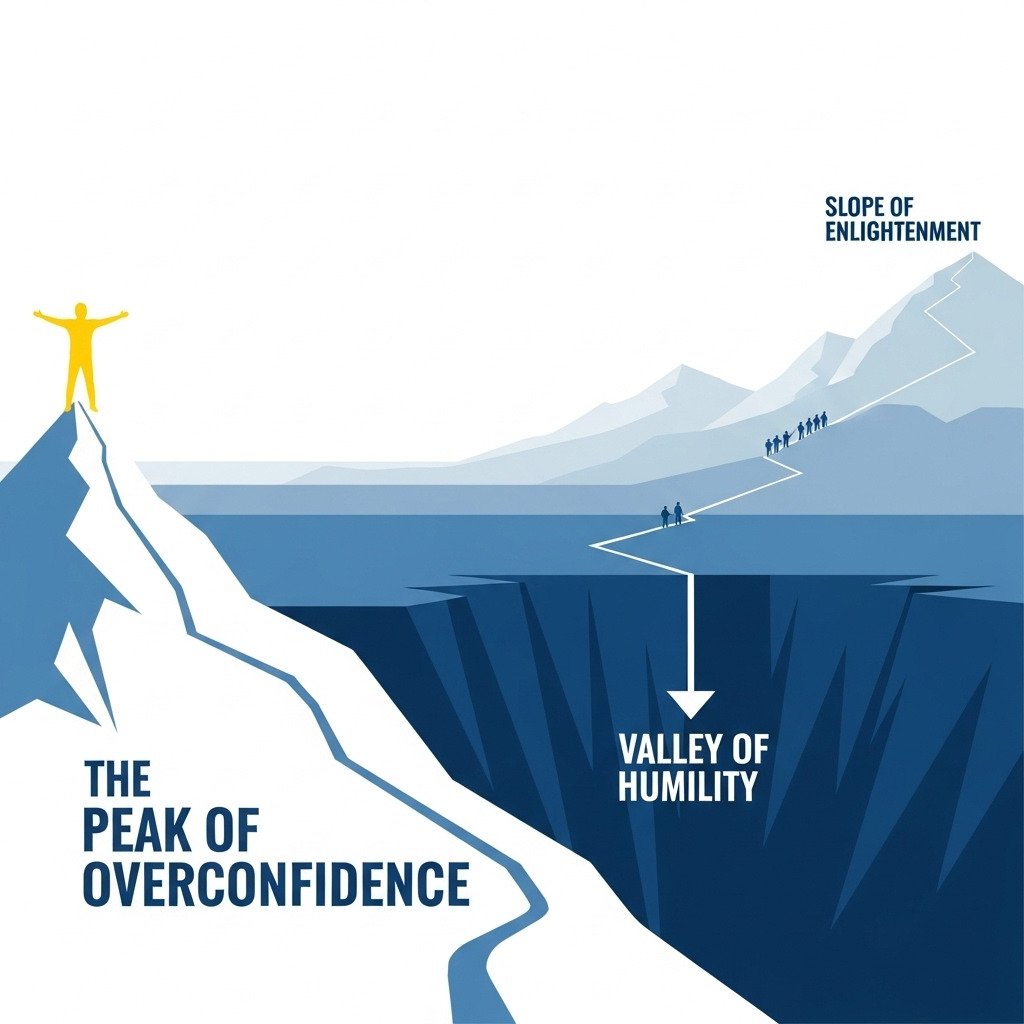 Conceptual digital art illustrating the Dunning-Kruger effect as a landscape. A stylized path starts with a small, sharp, easily-summited peak labeled 'Peak of Overconfidence,' where a confident figure stands. The path then drops steeply into a deep 'Valley of Humility.' Far in the distance, the path begins a long, slow, steady climb up a much larger mountain representing the 'Slope of Enlightenment.' The style is minimalist and infographic-like, using a clean color palette of blues and greys with a single bright accent color. For a blog about psychology and puzzles.