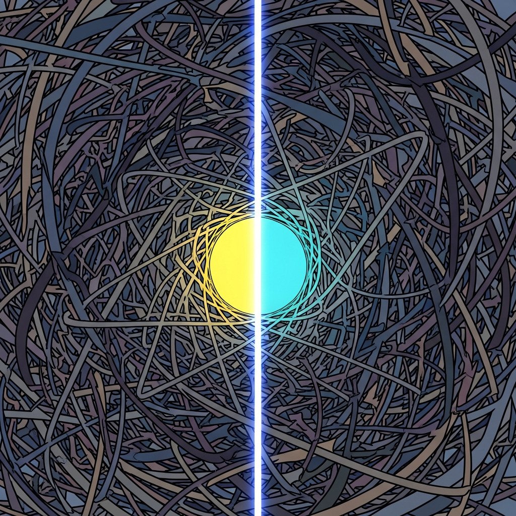 Conceptual digital art illustrating Occam's Razor. A single, elegant, glowing line cuts cleanly through a chaotic, tangled mess of complex lines and scribbles, revealing a simple, clear shape (like a circle or square) at its core. Evokes clarity, simplicity, and problem-solving. Modern, abstract style with a strong focal point. For a blog about logic and puzzles.