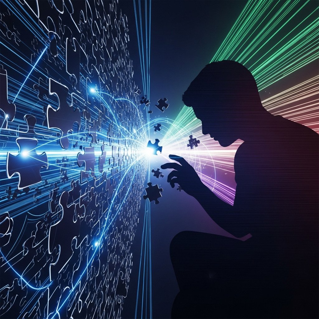 Conceptual digital art illustrating the 'flow state.' A person's silhouette is deeply immersed in a puzzle, with glowing lines of light and abstract puzzle pieces flowing from the puzzle directly into their head, creating a tunnel of focused energy. The background is dark and out of focus, emphasizing the intense concentration on the task. The overall mood evokes a sense of mental clarity, mindfulness, and deep engagement. Modern and artistic style. For a blog about psychology and puzzles.