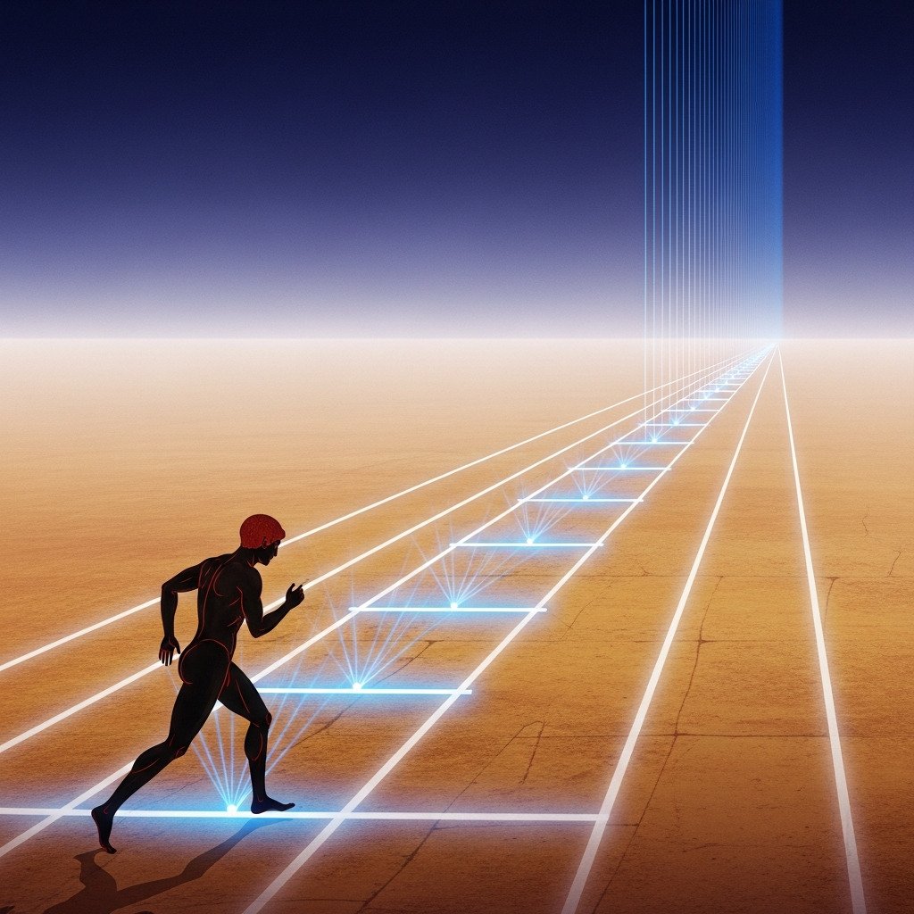 Conceptual digital art illustrating Zeno's dichotomy paradox. A straight path or racetrack stretches towards a vanishing point, with glowing markers dividing the path into halves, then quarters, then eighths, getting infinitely smaller and closer together. A lone runner, stylized in an ancient Greek art style, is frozen at the start, looking down the infinite series of markers. Ethereal, philosophical atmosphere. A mix of ancient Greek vase painting style and modern digital illustration. Widescreen.