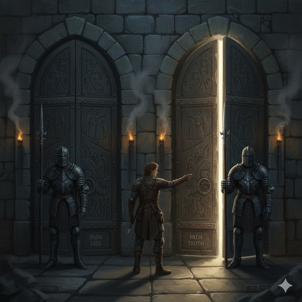 Dramatic fantasy illustration of a person standing at a fork in a stone corridor, facing a difficult choice. Two identical, imposing, ancient doors stand ahead, one slightly cracked open with light, the other with shadow. In front of each door stands an identical, armored guard, faces completely obscured by helmets, holding a spear. The scene is mysterious and suspenseful, lit by torches casting long shadows. The person is pointing questioningly at one guard. For a blog about a classic logic puzzle.