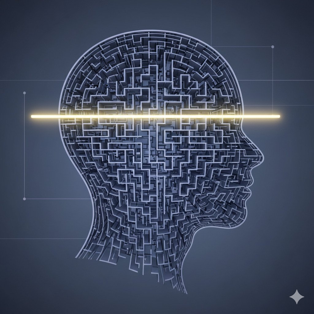 Conceptual digital art illustrating the psychological concept of a heuristic. Depict a stylized human head in profile, containing a complex, tangled maze in cool, muted colors like blues and greys. A single, bright, glowing line cuts directly through the maze from start to finish, representing an efficient mental shortcut. The overall style is modern and abstract, evoking intelligence, efficiency, and the idea of finding a simpler path through a complex problem. For a blog about psychology and problem-solving.