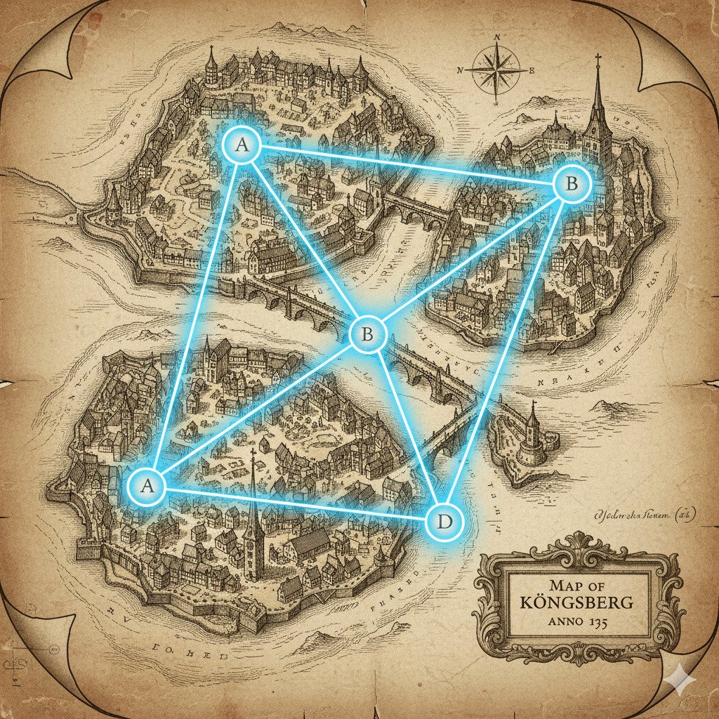 A vintage, 18th-century map of the city of Königsberg, showing the river Pregel, two islands, and its famous seven bridges. Superimposed over the map is a glowing, abstract diagram of four nodes and seven edges representing the graph theory solution. The style is a historical etching or woodcut illustration, on weathered parchment with sepia tones. Evokes a sense of intellectual discovery. For a blog about the history of mathematics.