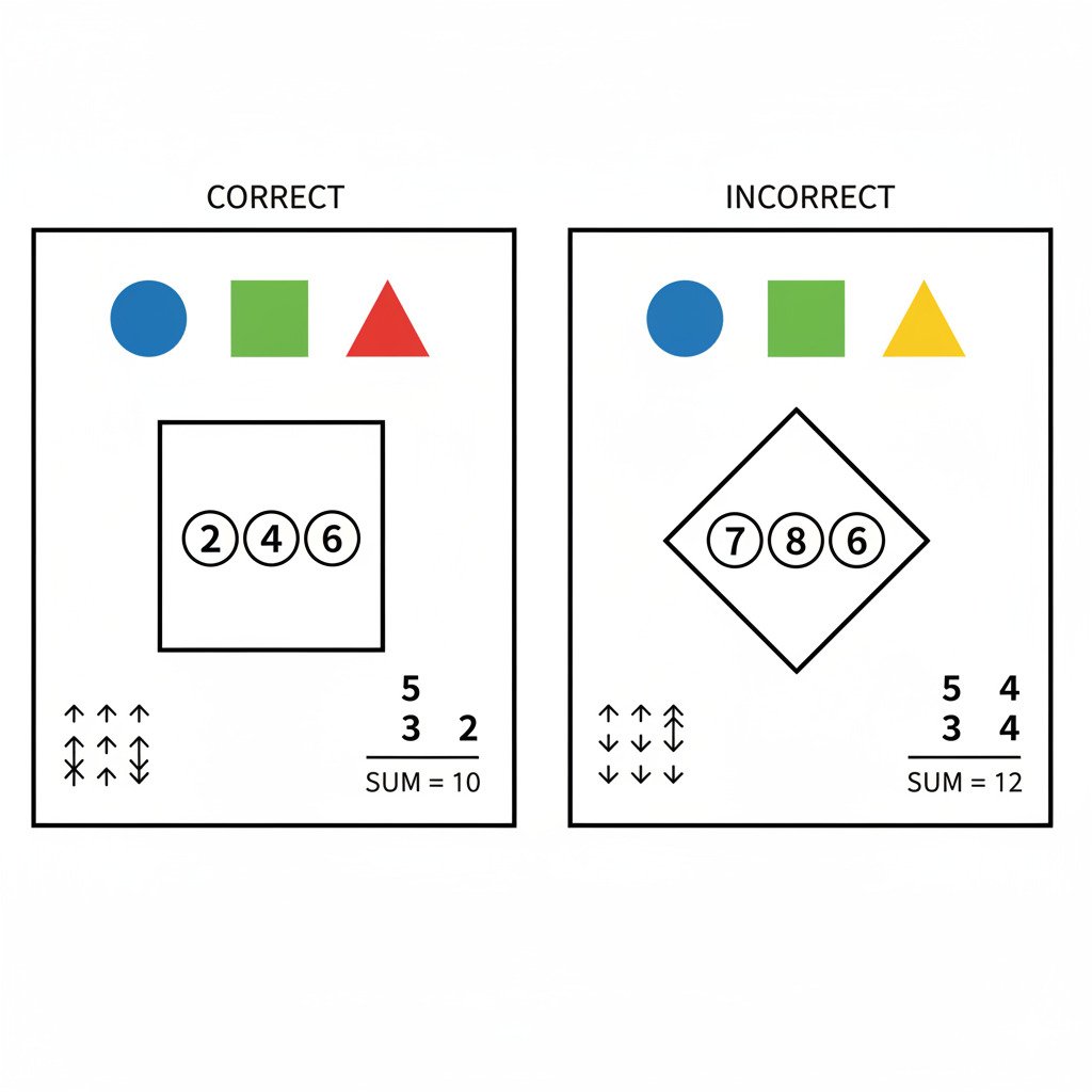 Create a side-by-side diptych, a 'spot the difference' puzzle with a mathematical theme, in a clean, minimalist graphic design style. The two images must be nearly identical. The base 'correct' image (on the left) contains: 1. A top row of shapes: a blue circle, a green square, a red triangle. 2. A central perfect square containing smaller circles with even numbers inside them (2, 4, 6). 3. A symmetrical pattern of small arrows in the bottom-left corner. 4. A far-right column of numbers (e.g., 5, 3, 2) that sum to 10. The 'incorrect' image (on the right) must have exactly 5 specific differences: 1. In the top row, the red triangle is now yellow (broken color pattern). 2. In the central square, one circle contains an odd number, like 7 (rule breaker). 3. In the bottom-left corner, one arrow is flipped, breaking the symmetry (symmetry flaw). 4. The central square is slightly skewed into a rhombus (geometric imposter). 5. In the far-right column, one number is changed so the sum is no longer 10 (incorrect sum). Ensure there are no other differences. The style should be vibrant, clear, and easy to read.