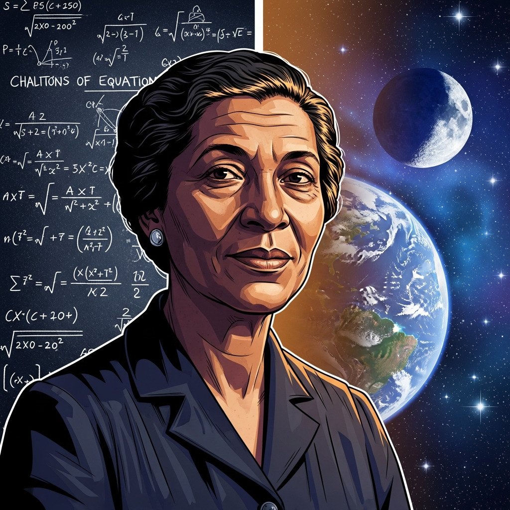 Stylized digital portrait of Katherine Johnson, an African American female mathematician at NASA. She is looking thoughtfully towards the viewer, with a subtle background blending a chalkboard filled with complex orbital trajectory equations and a celestial view of the Earth, Moon, and stars. The style should be inspiring and respectful, a blend of historical realism and artistic flair. Warm, heroic lighting. For a blog post celebrating her legacy.