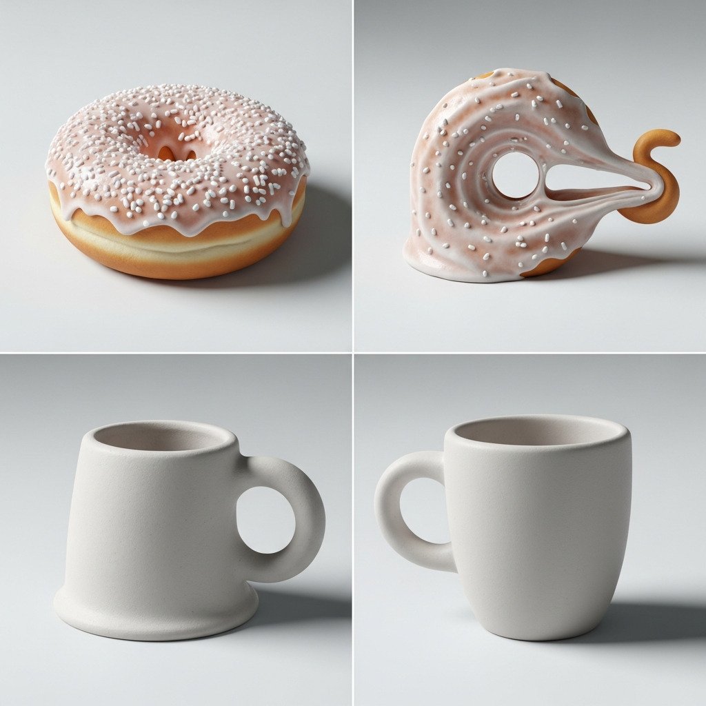 Conceptual digital art showing a glazed donut smoothly transforming into a ceramic coffee cup in a sequence of three to four distinct steps. The style is like modeling clay being reshaped, clearly showing how the hole in the donut becomes the handle of the cup. The background is clean, minimalist, and light-colored. The overall vibe is playful, educational, and visually satisfying. For a blog about mathematics.