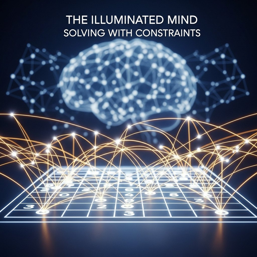 Conceptual digital art illustrating a Constraint Satisfaction Problem. In the foreground, a translucent Sudoku or logic grid is visible. Luminous, glowing lines of light connect different cells across rows, columns, and boxes, representing the logical 'constraints' linking them together. In the background, a subtle, stylized human brain or a network of nodes is faintly visible. The mood is intellectual, elegant, and focused. The color palette is composed of cool blues and purples, with bright white or electric gold for the glowing constraint lines. For a blog about logic puzzles and computer science.