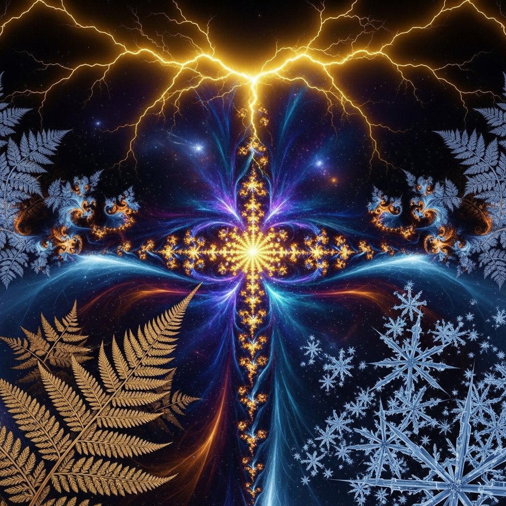 A stunning digital artwork where a luminous Mandelbrot set fractal is the central focus. The intricate, colorful patterns of the fractal seamlessly morph and blend into natural fractal shapes at its edges: detailed fern fronds, crystalline snowflake structures, and delicate lightning branches. The image should evoke a sense of infinite complexity and the hidden mathematical beauty of the universe. Vibrant, cosmic color palette of deep blues, purples, and glowing golds. For a blog about mathematics and nature.