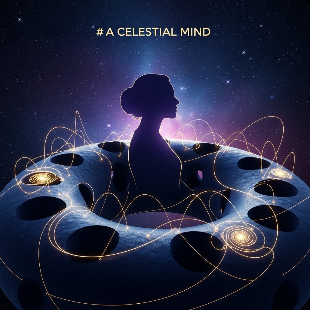 Conceptual digital art tribute to a female mathematician. A respectful silhouette of a woman looking thoughtfully at a complex, flowing geometric surface, like a multi-holed torus or a hyperbolic plane. Luminous, elegant lines and curves trace paths across the surface, representing deep mathematical thought and discovery. The background is a deep, starry cosmos, suggesting the universal scale of her work. The overall mood is one of wonder, intelligence, and serene discovery. Muted, sophisticated color palette of deep blues, purples, with glowing golden or white lines. Inspirational and abstract.