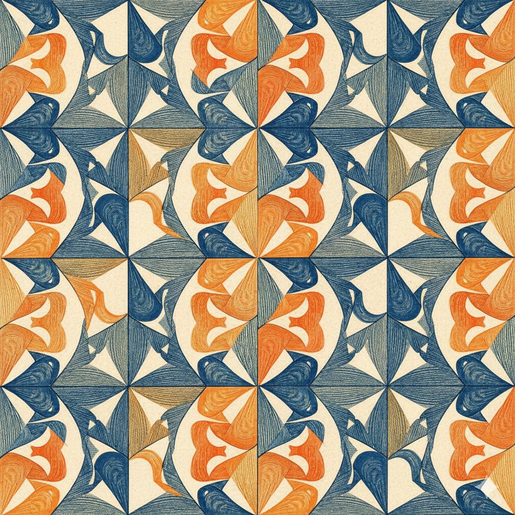 A beautiful and complex tessellation pattern, in the style of M.C. Escher, where geometric birds seamlessly interlock with fish. The pattern repeats perfectly across the image with no gaps or overlaps. One set of figures is a cool blue, and the other is a warm orange, creating a vibrant contrast. Digital art, high detail, intricate, for a blog about mathematical art