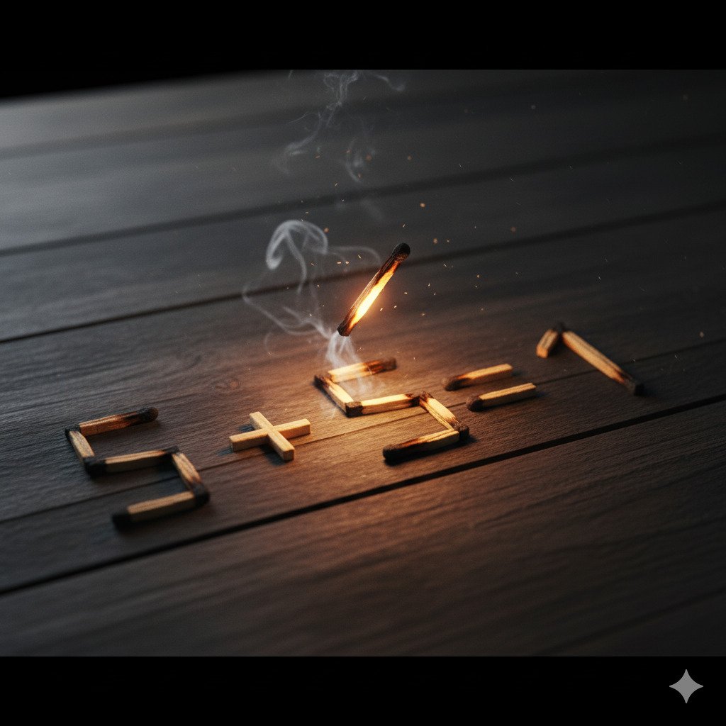 Stylized digital art of an incorrect matchstick puzzle equation, like '5+5=1', arranged on a dark, textured wooden surface. A single glowing matchstick is being lifted by a subtle, magical force, ready to be moved. Evokes a sense of mystery and clever problem-solving. Cinematic lighting, shallow depth of field.