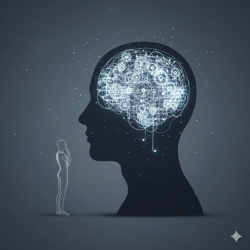 Conceptual digital art showing a stylized human silhouette. Inside the head is a complex, active maze or a network of gears. A smaller, transparent version of the same silhouette is shown standing outside and looking thoughtfully at the workings inside its own head. Evokes self-awareness and strategic thinking. Modern, minimalist, and abstract style. For a blog about metacognition.