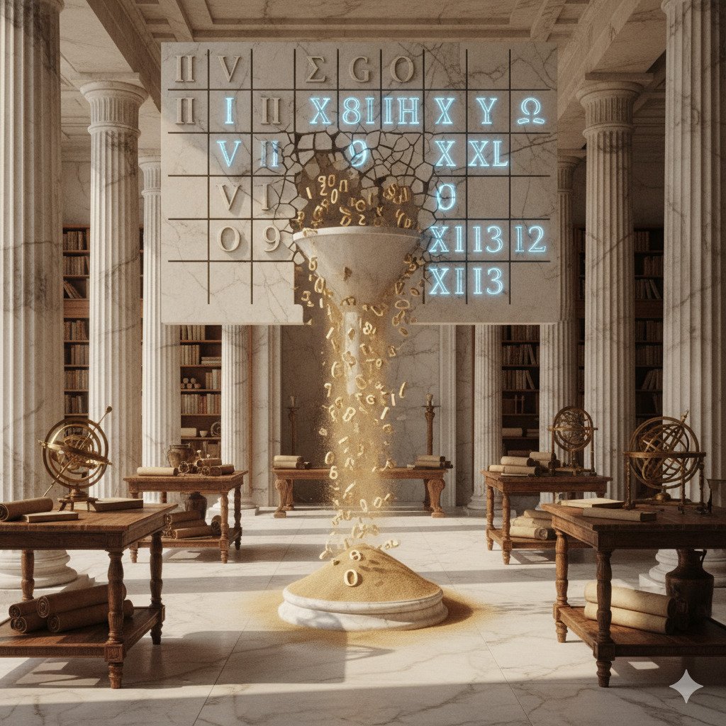 "Conceptual digital art illustrating the 'Sieve of Eratosthenes'. A grid of ancient Greek-style numbers, with some numbers visibly being 'sifted' or falling away like sand through a sieve, while other glowing prime numbers remain behind. The scene has a classical Greek aesthetic with marble textures and a scholarly, ancient library background. Evokes intelligence, history, and the concept of filtering. For a blog about mathematics.